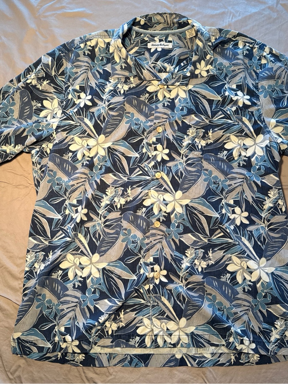 Tommy Bahama Navy, Light Blue and Beige Tropical Leaf Camp Shirt